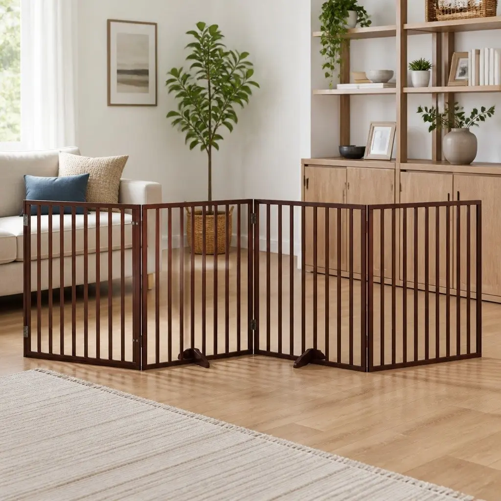 Dog Gate Brown 320cm Foldable 4 Panels Poplar Wood Pet Safety Barrier Door