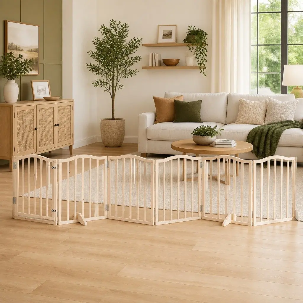 Dog Gate Brown 6 Panels Foldable Poplar Wood Pet Safety Barrier with Door Lock