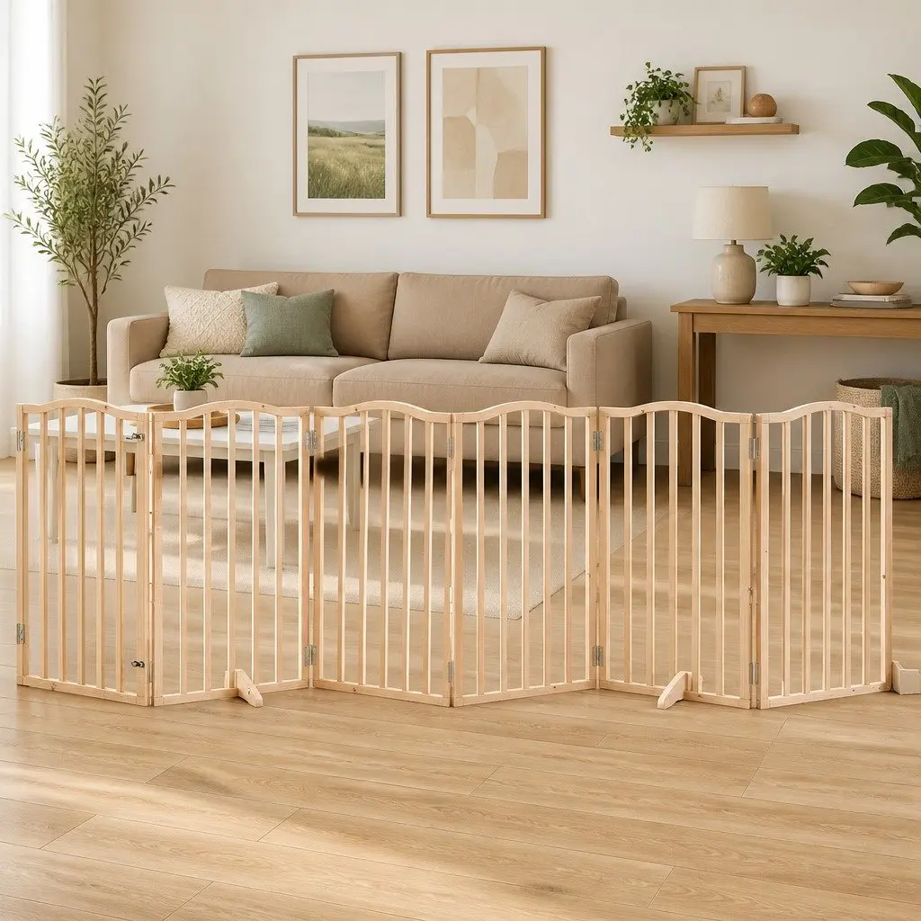 Dog Gate Brown 6 Panel Foldable Pet Safety Barrier with Door