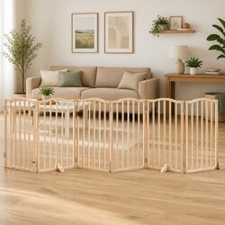 Dog Gate Foldable 6 Panel Pet Safety Barrier Poplar Wood Enclosure with Door