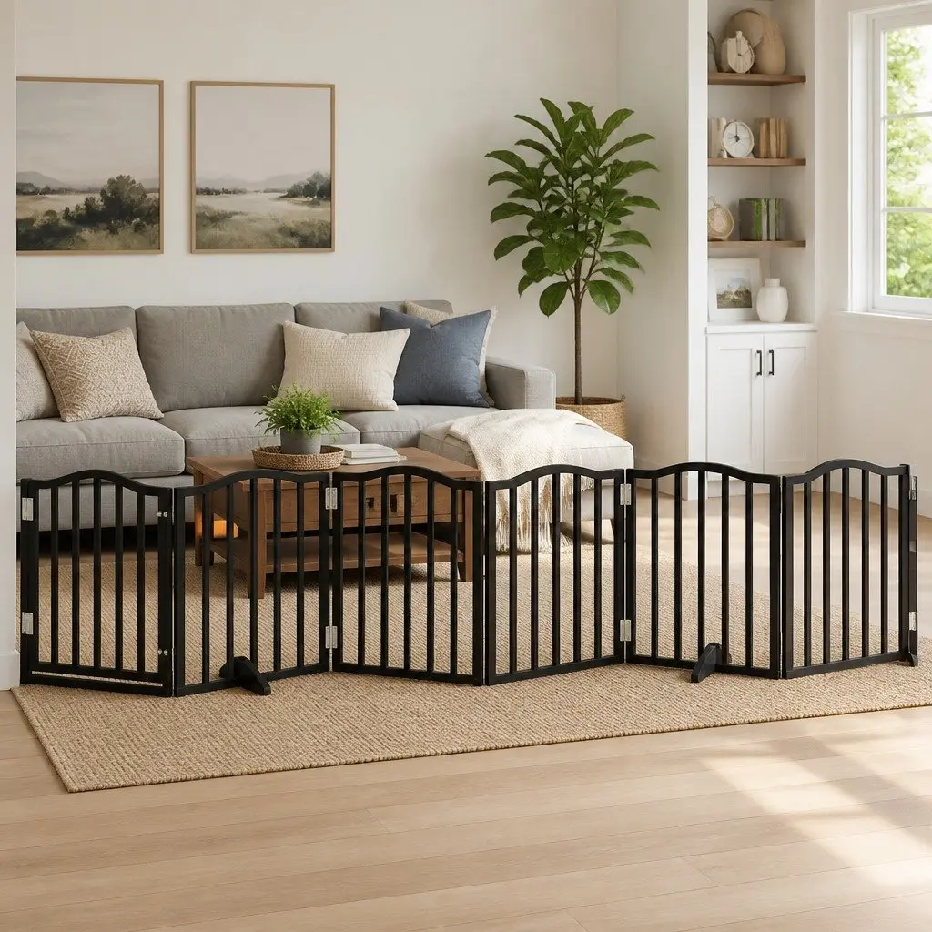 Dog Gate Black 6 Panels Foldable Poplar Wood Safety Barrier with Door