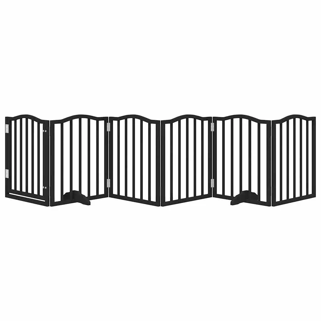 Dog Gate Black 6 Panels Foldable Poplar Wood Safety Barrier with Door
