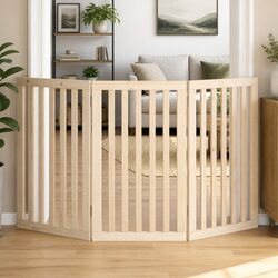 Dog Gate Foldable 3 Panels 150 cm Brown Poplar Wood Pet Safety Barrier
