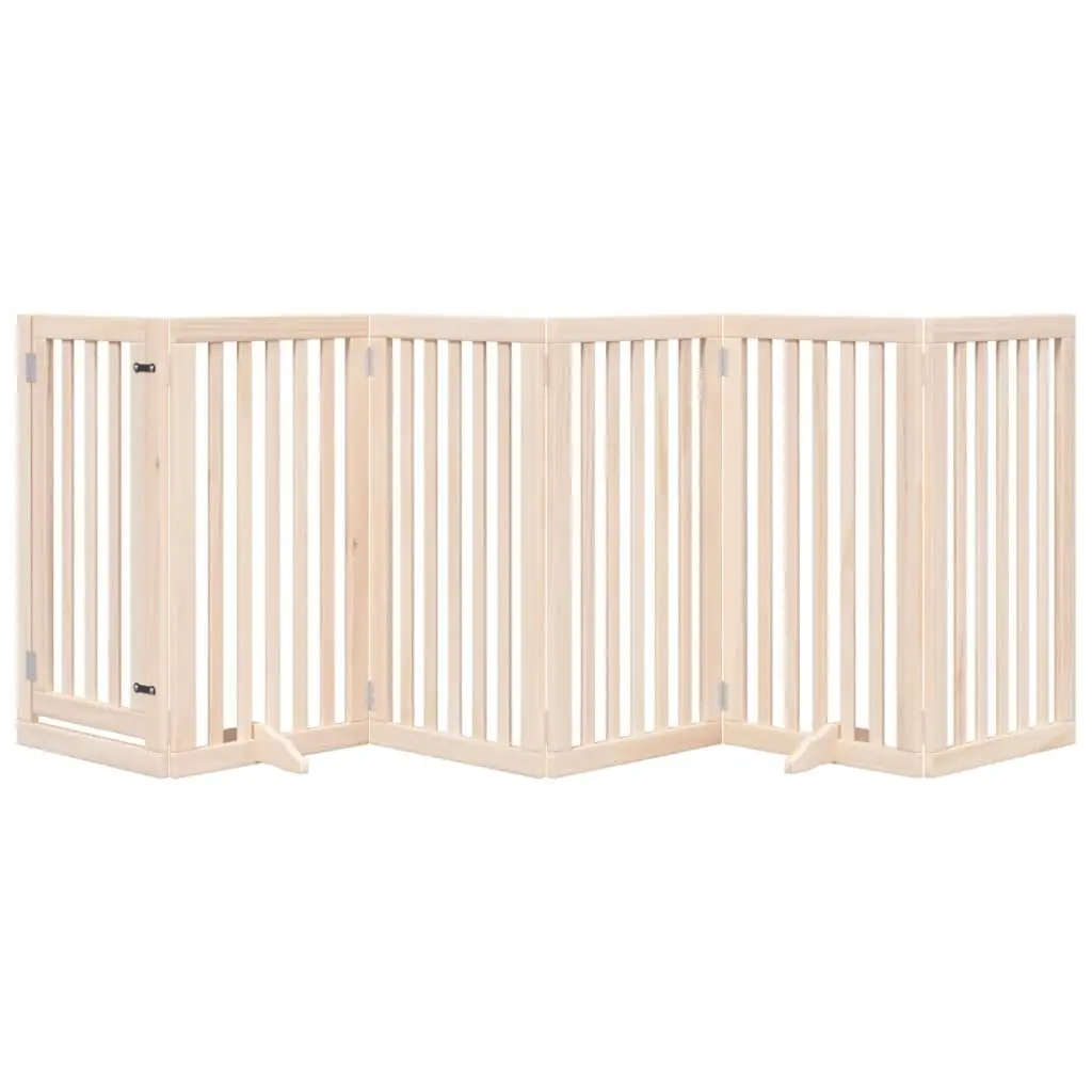 Dog Gate Brown 6 Panels Foldable Poplar Wood Pet Safety Barrier with Door Lock