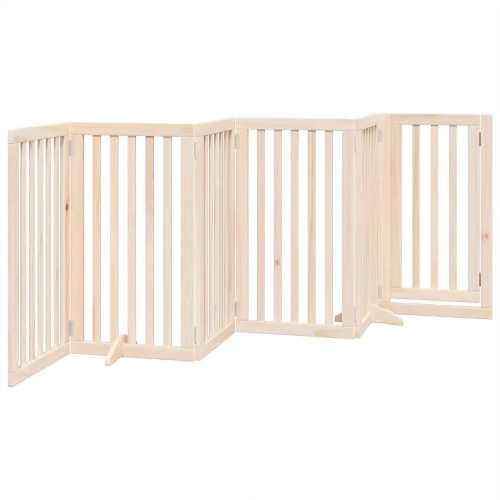 Dog Gate Brown 6 Panels Foldable Poplar Wood Pet Safety Barrier with Door Lock