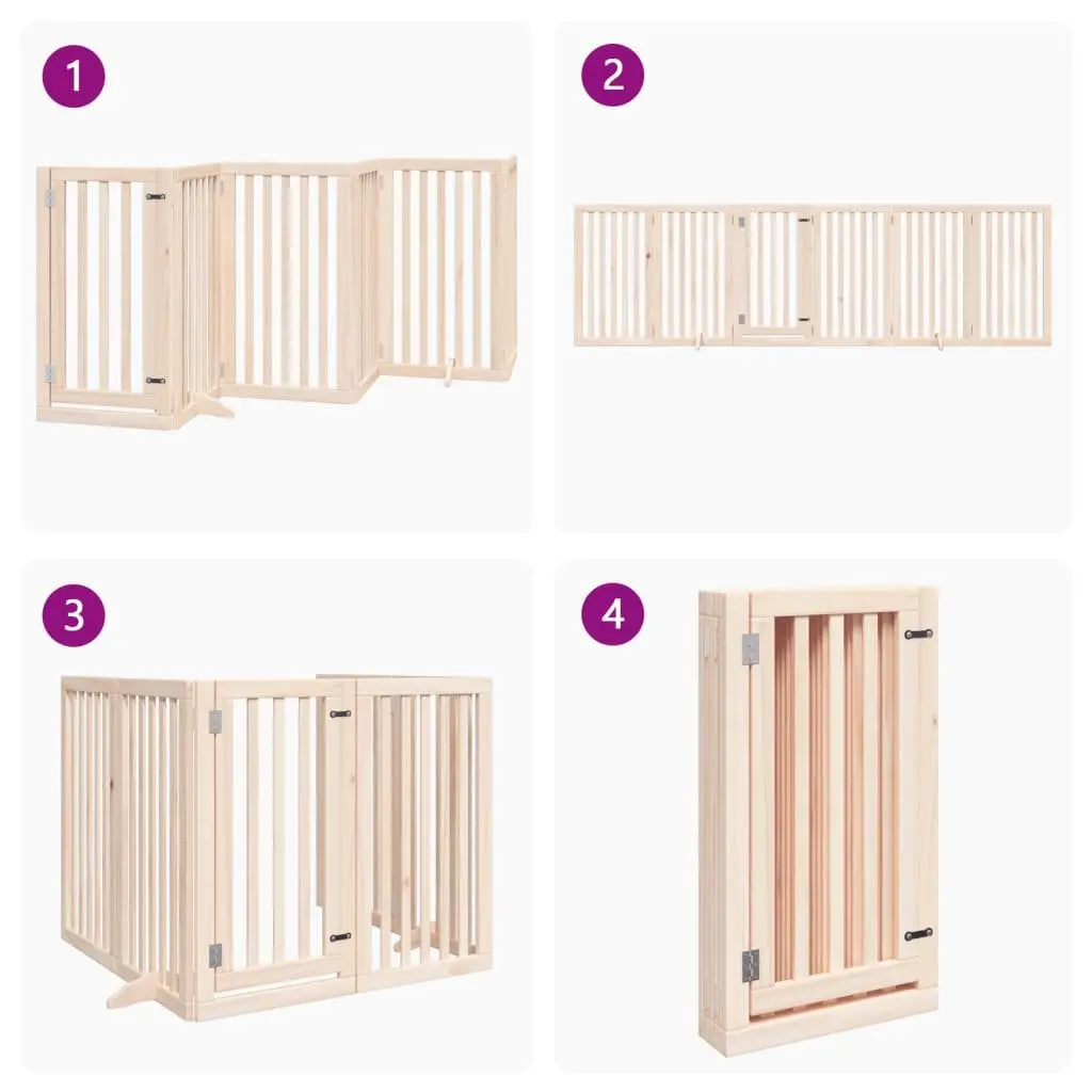 Dog Gate Brown 6 Panels Foldable Poplar Wood Pet Safety Barrier with Door Lock