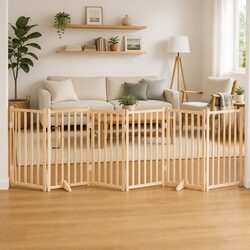Dog Gate Foldable 6 Panels 300cm Solid Wood Pet Safety Barrier Door Locks