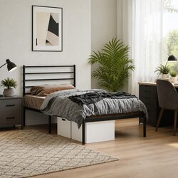 Metal Bed Frame King Single 107x203cm Black Headboard Steel Slatted Base Storage