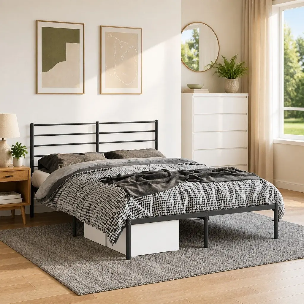 Metal Bed Frame Black 135x190 cm with Headboard Storage Space
