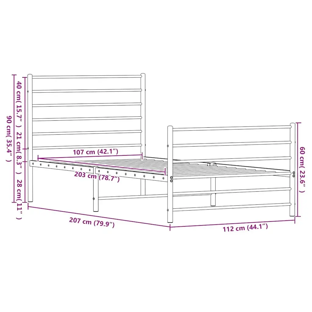 Metal Bed Frame Black 107x203 cm Powder-coated Steel Construction with Headboard and Footboard