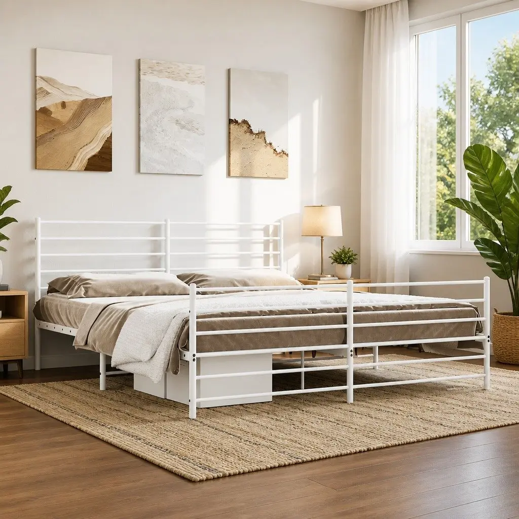 Metal Bed Frame White King Size with Headboard and Footboard