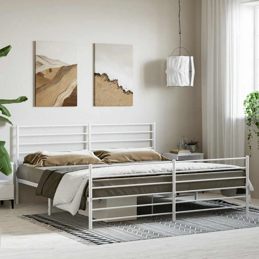 Metal Bed Frame White King Size with Headboard and Footboard