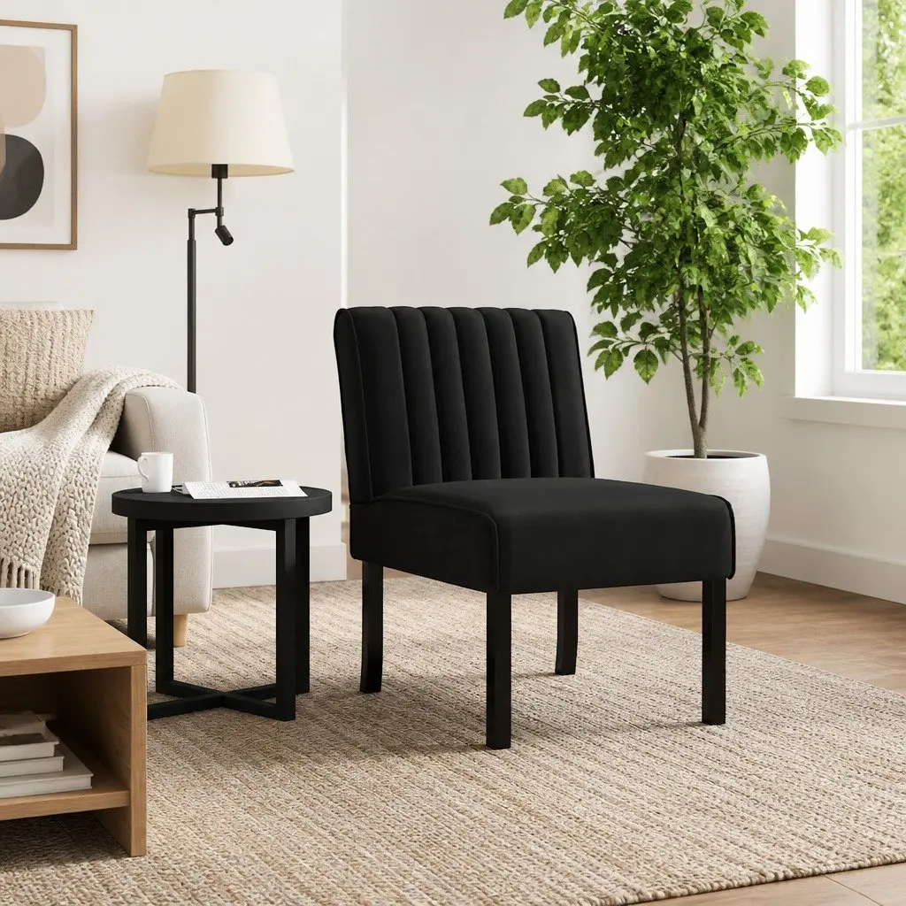 Slipper Chair Black Velvet Upholstered Accent Lounge Seat with Backrest and Wooden Legs