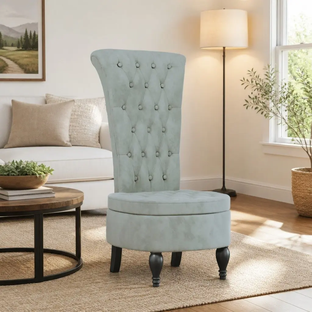 High Back Armchair Light Grey Velvet Button Tufted Supportive High Backrest
