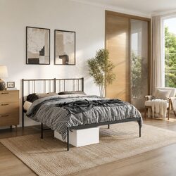 Compact Black Metal Bed Frame 135x190 cm with Headboard