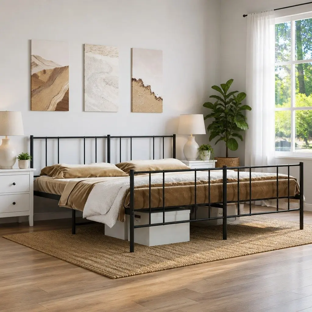 Metal Bed Frame Black King Size 183x203cm Sturdy Construction with Headboard and Underbed Storage