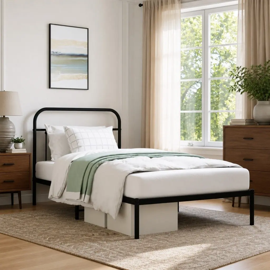 Metal Bed Frame Black King Single 107x203cm Steel Platform with Headboard
