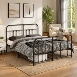 Sturdy Black Metal Bed Frame 135x190 cm With Slats