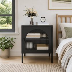 Compact Black Nightstand with Glass and Steel Elements
