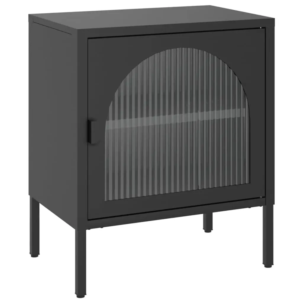 Bedside Table Black Steel Fluted Glass Adjustable Shelf Storage Cabinet