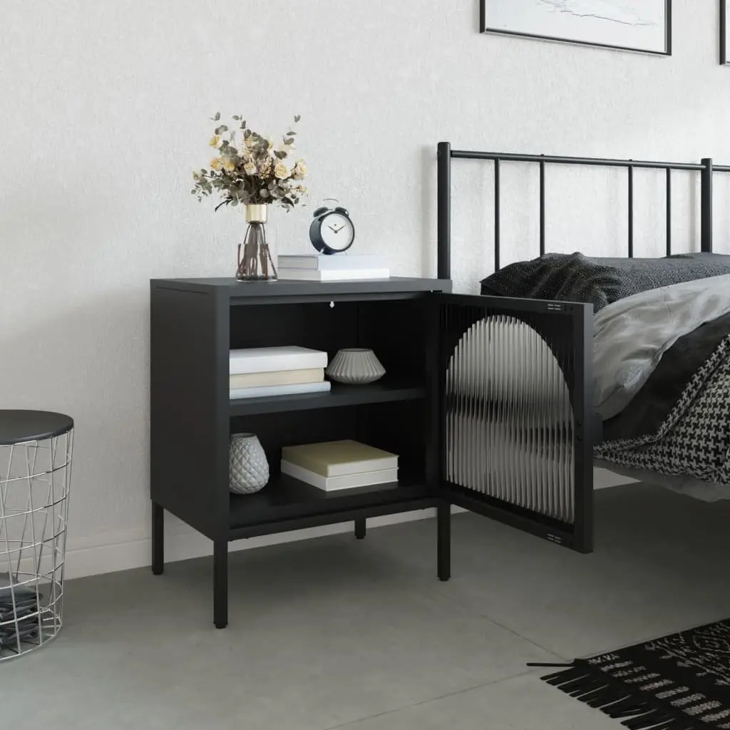 Bedside Table Black Steel Fluted Glass Adjustable Shelf Storage Cabinet