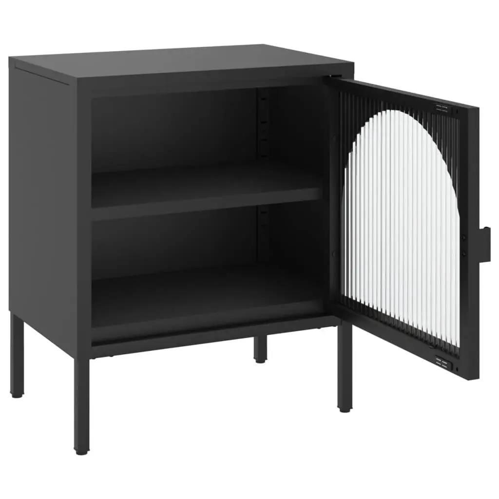 Bedside Table Black Steel Fluted Glass Adjustable Shelf Storage Cabinet