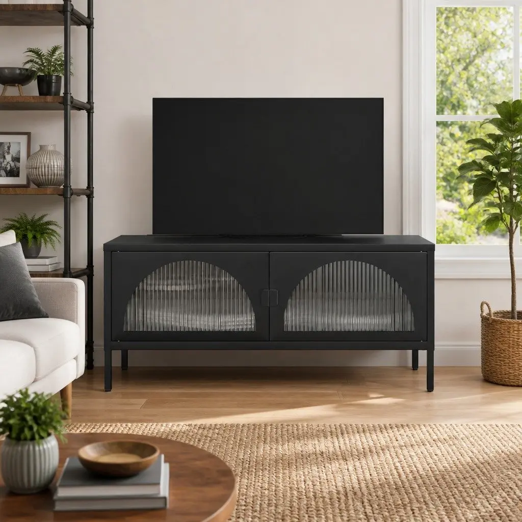 TV Cabinet Black Glass Steel Unit Media Stand Storage Furniture Fluted Glass