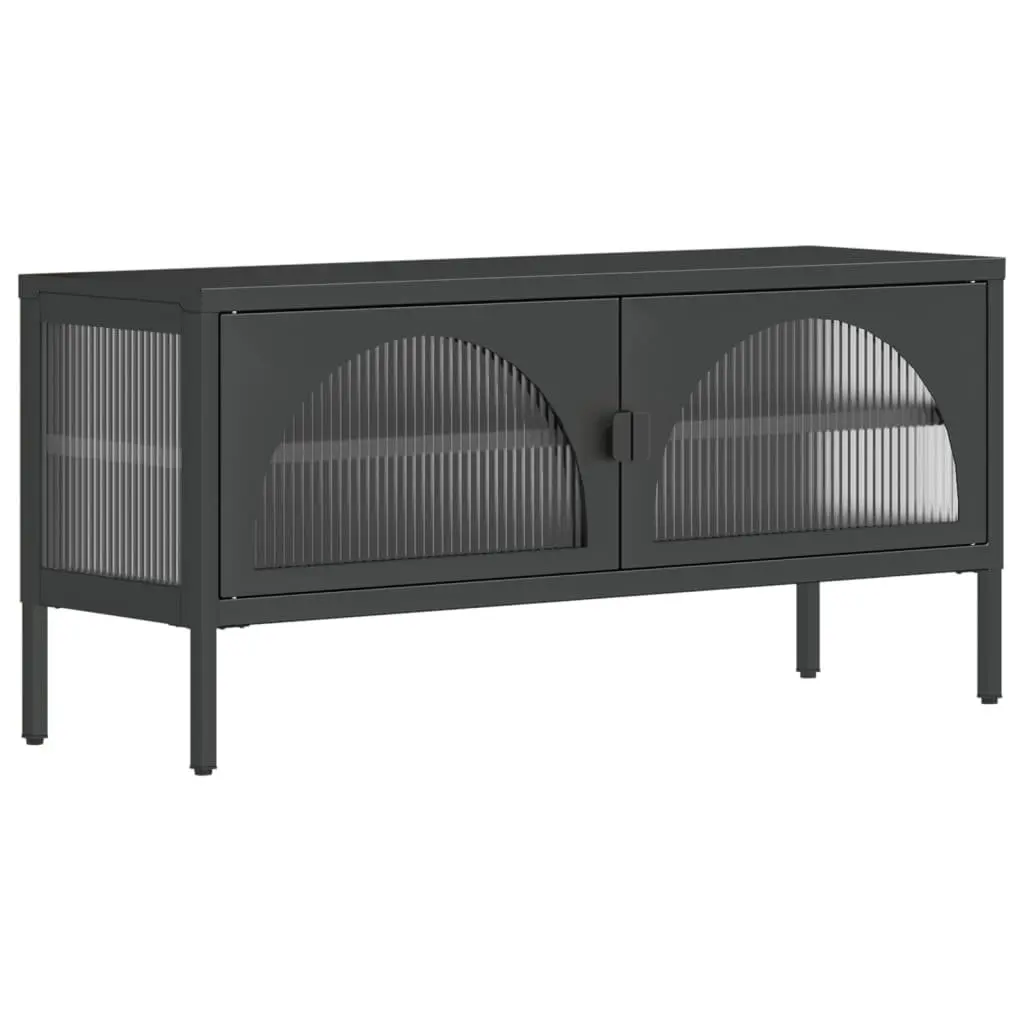TV Cabinet Black Glass Steel Unit Media Stand Storage Furniture Fluted Glass