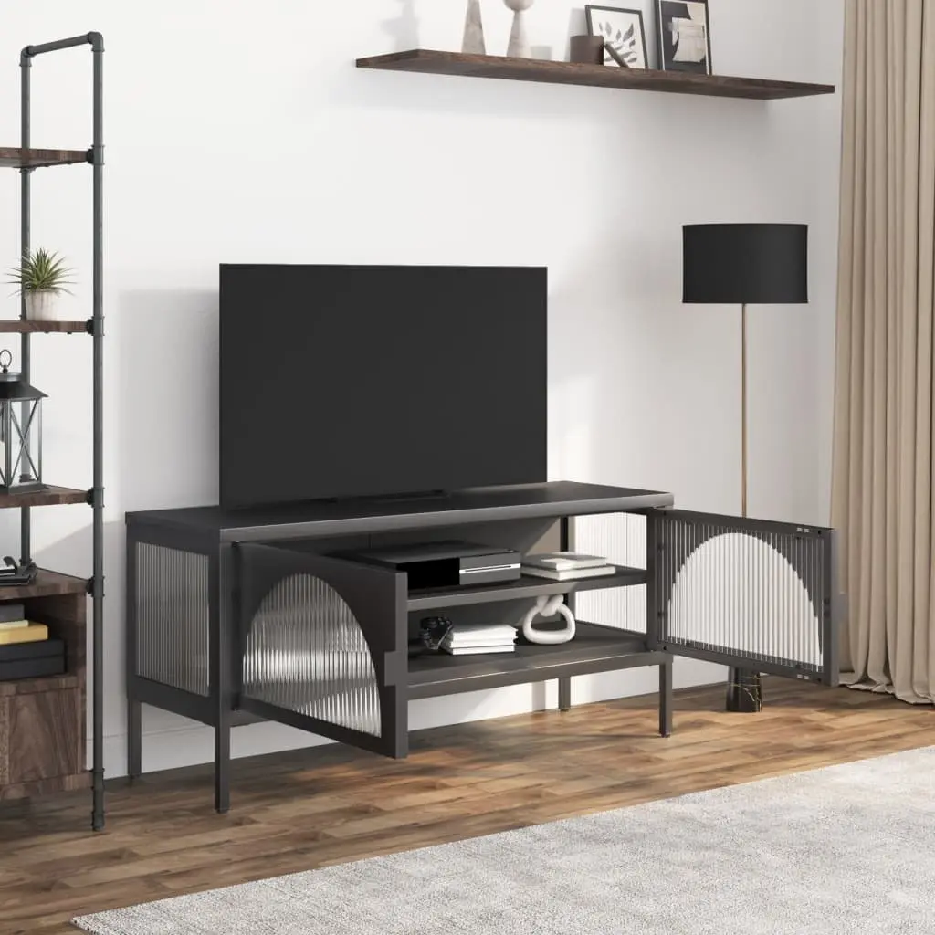 TV Cabinet Black Glass Steel Unit Media Stand Storage Furniture Fluted Glass