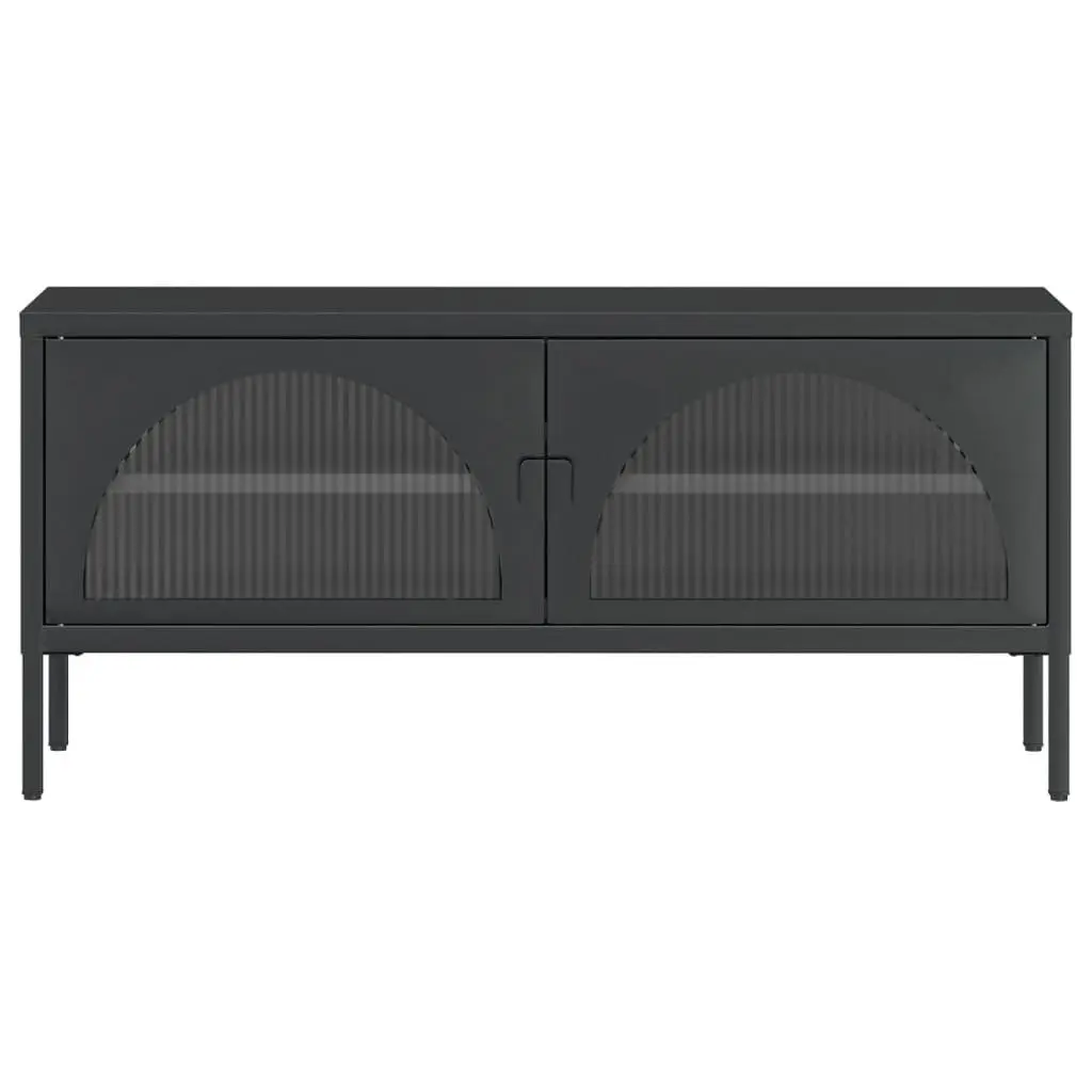 TV Cabinet Black Glass Steel Unit Media Stand Storage Furniture Fluted Glass