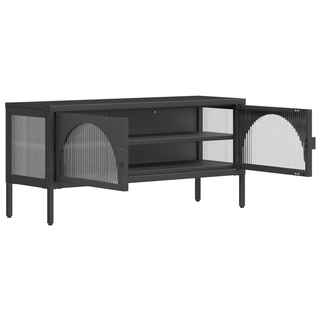 TV Cabinet Black Glass Steel Unit Media Stand Storage Furniture Fluted Glass