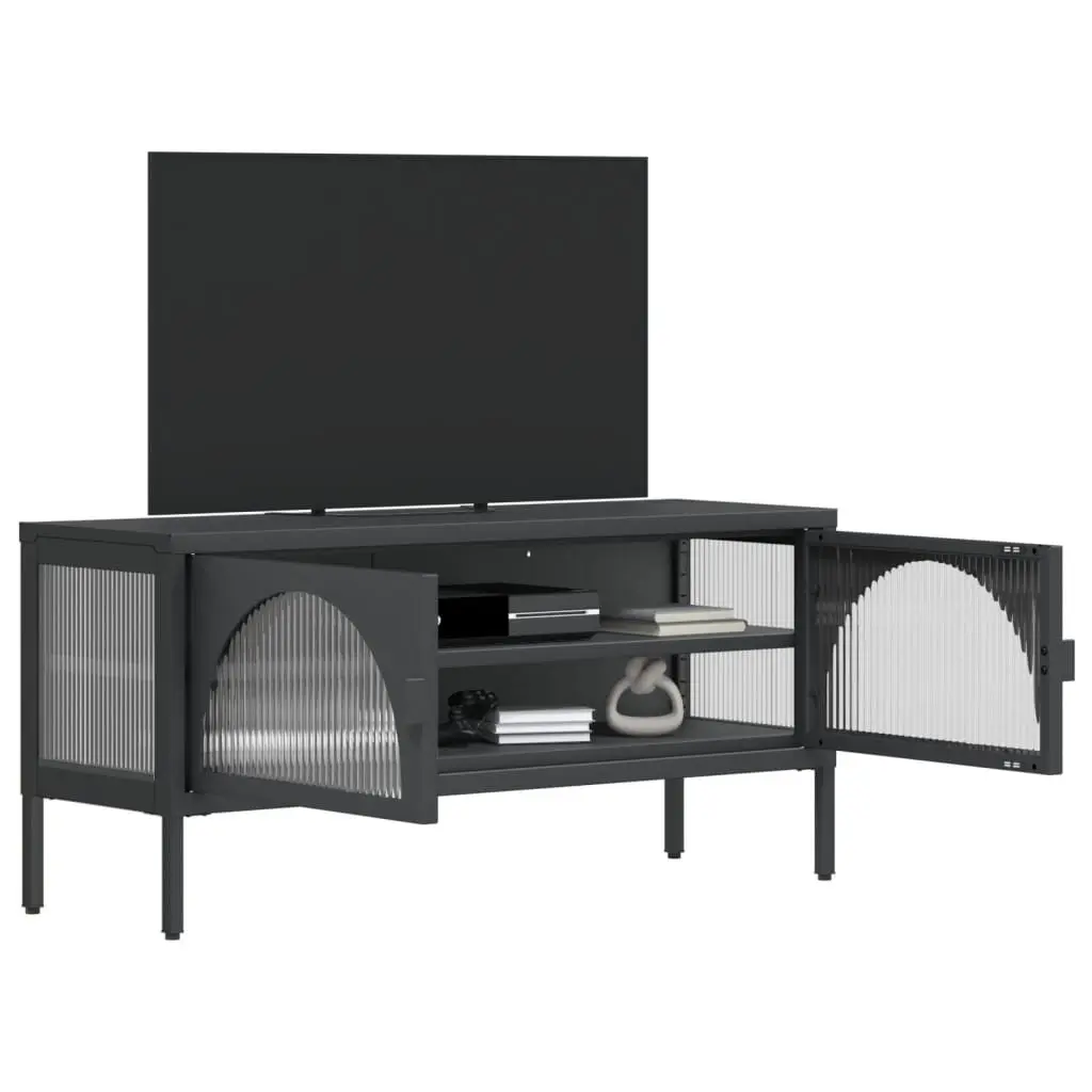 TV Cabinet Black Glass Steel Unit Media Stand Storage Furniture Fluted Glass