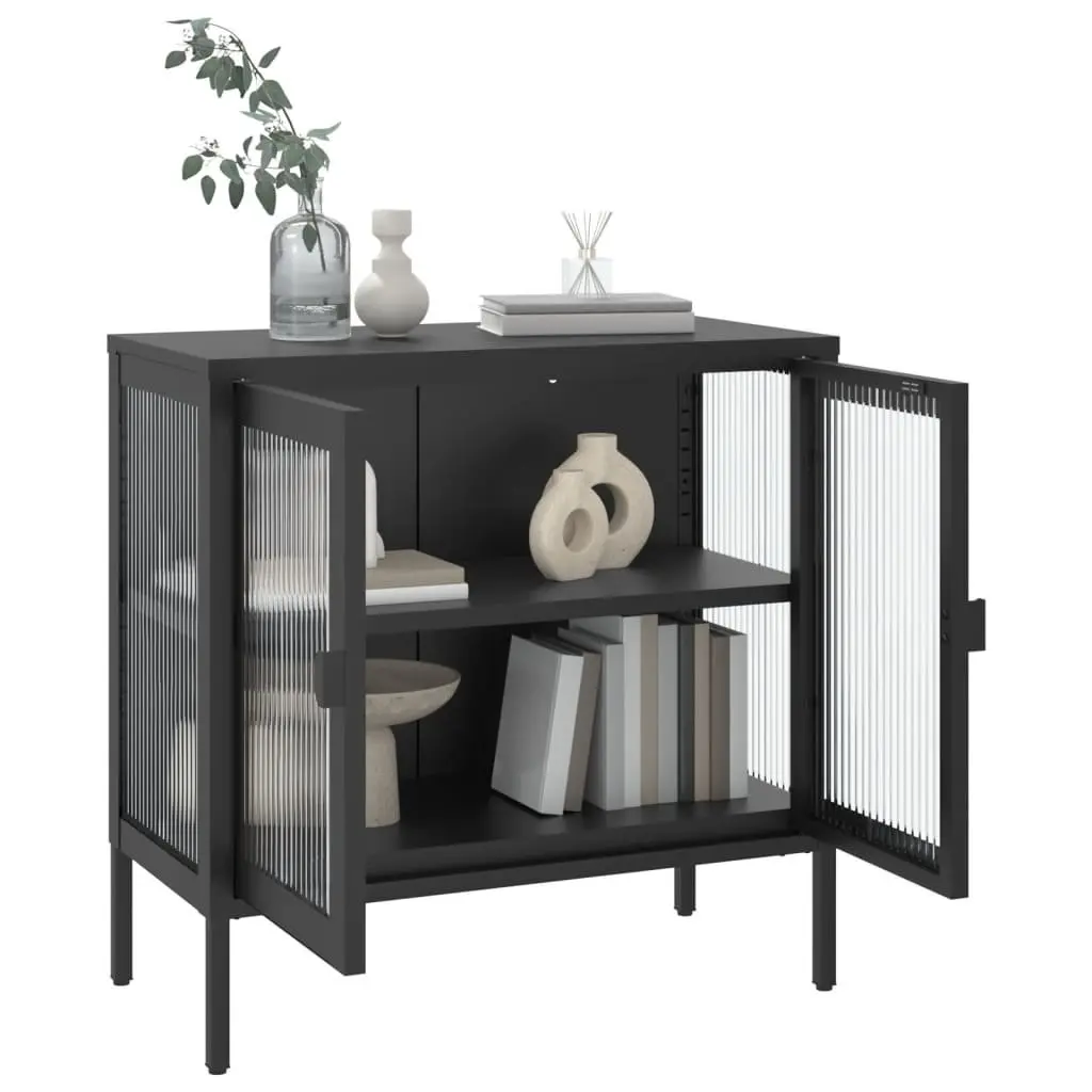 Sideboard Black 70x35x70cm Powder-coated Steel Frame Fluted Glass Panels