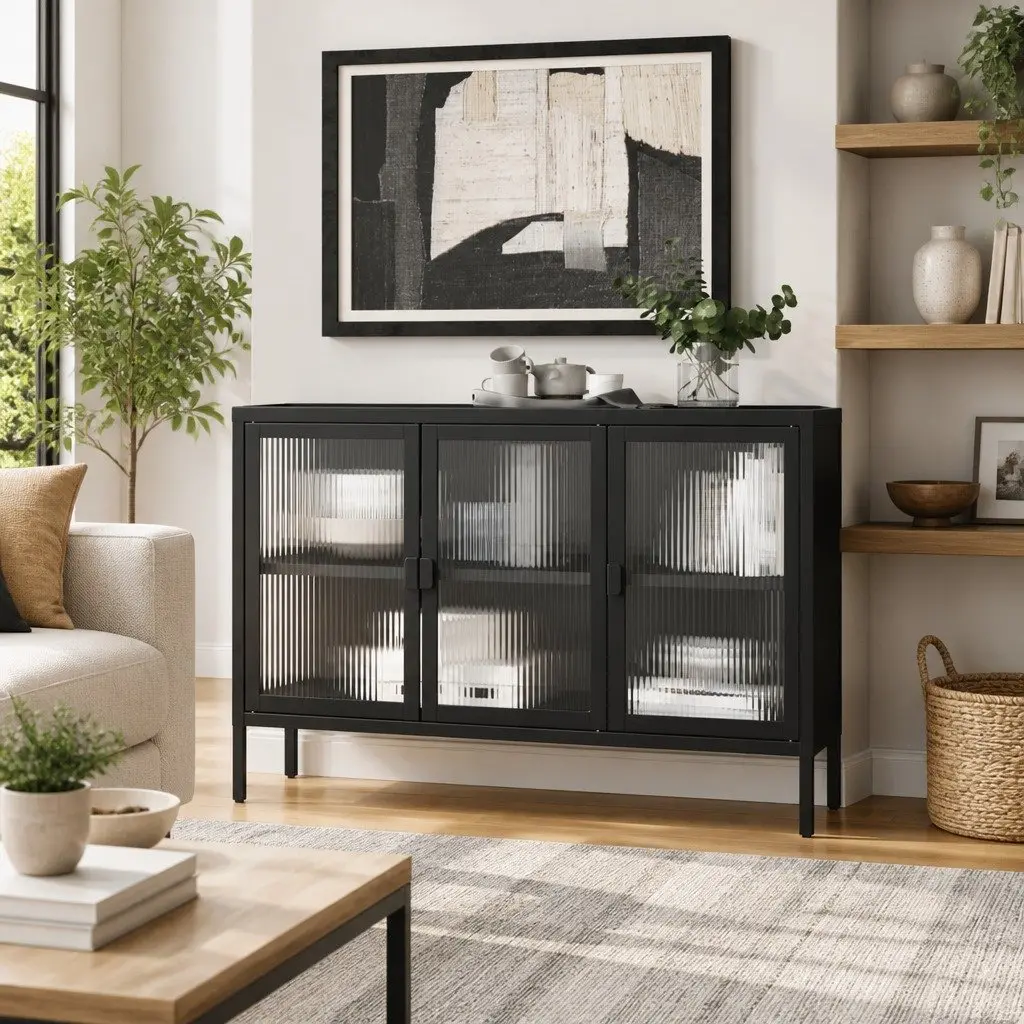 Fluted Glass Black Sideboard Cabinet 105x35x70cm Steel Durable Storage Furniture