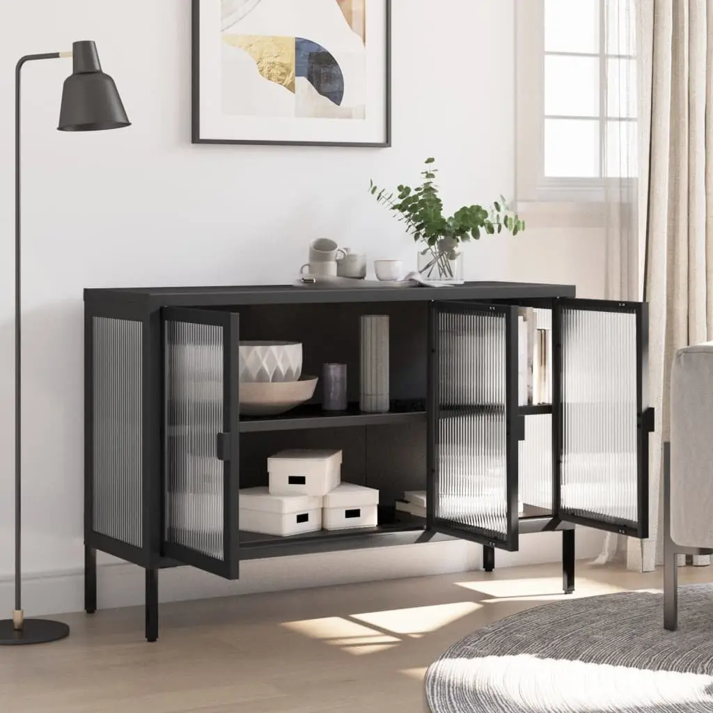 Fluted Glass Black Sideboard Cabinet 105x35x70cm Steel Durable Storage Furniture