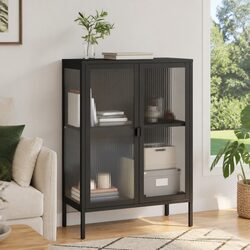 Sideboard Black Glass Steel Cabinet Storage Furniture 75x35x105cm Modern Design