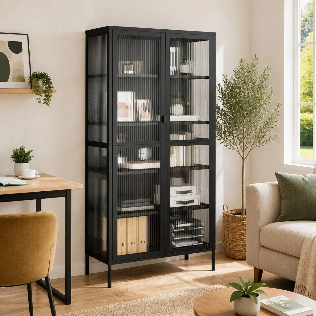 Highboard Storage Cabinet Black Fluted Glass Steel Frame Adjustable Shelves