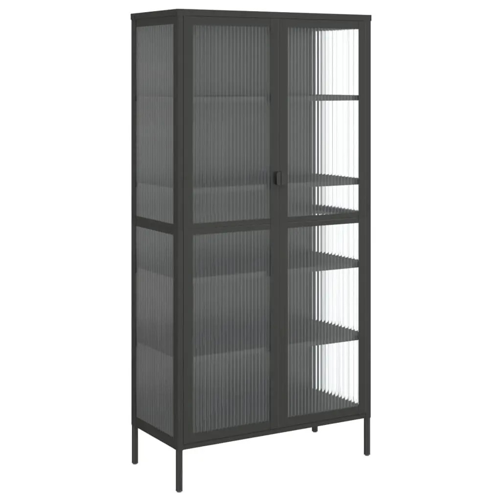 Highboard Storage Cabinet Black Fluted Glass Steel Frame Adjustable Shelves