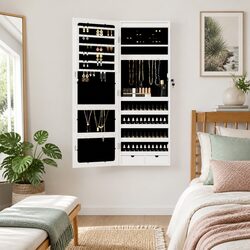 Wall Mounted Mirror Jewellery Cabinet with LED Lights Storage Organiser White