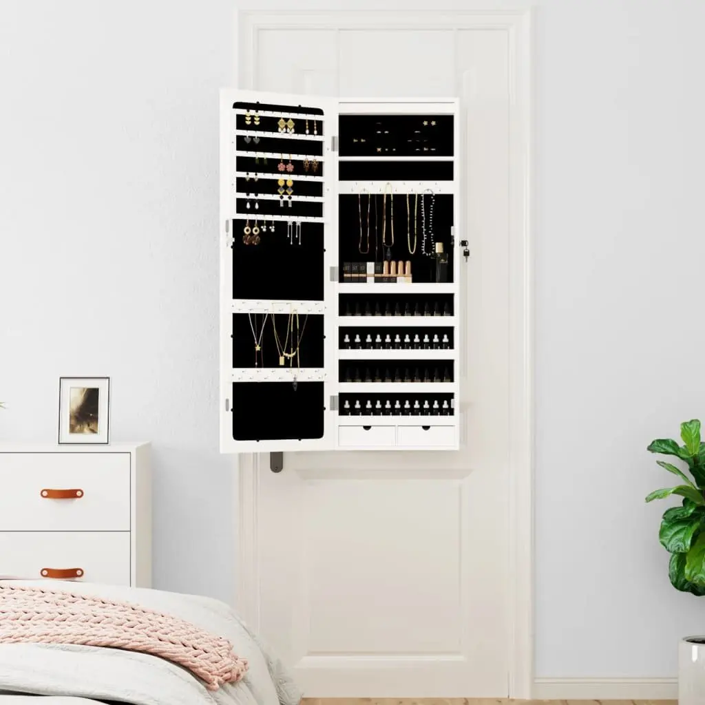 Wall Mounted Mirror Jewellery Cabinet White Full-Length with LED Lights Storage Organiser