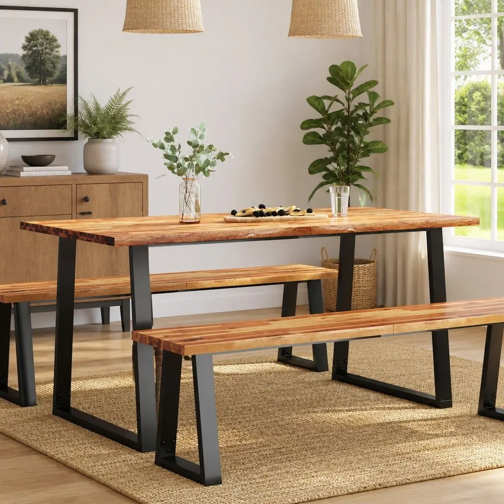 Dining Table Brown 160x80x75 cm Solid Acacia Wood Live Edge U-shaped Steel Legs