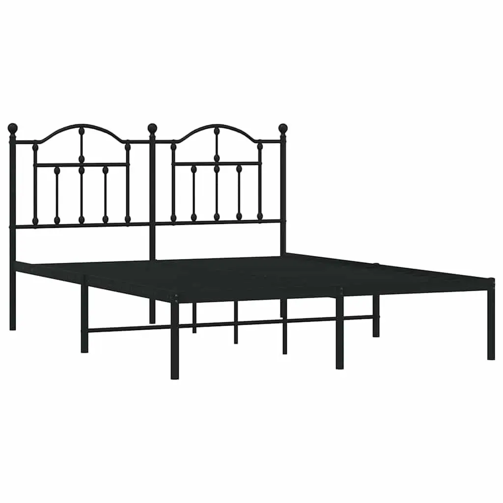 Metal Bed Frame Black 135x190 cm with Slatted Base and Headboard for Bedroom Storage