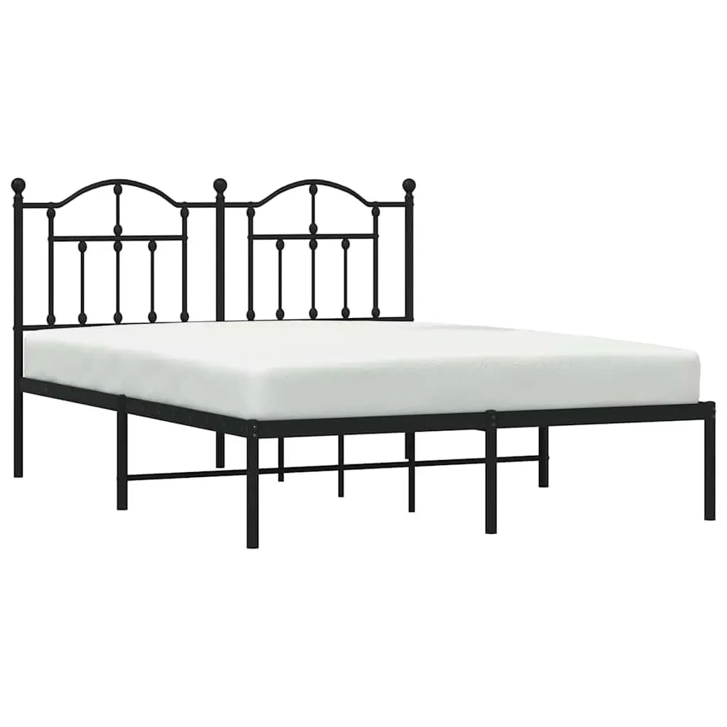 Metal Bed Frame Black 135x190 cm with Slatted Base and Headboard for Bedroom Storage