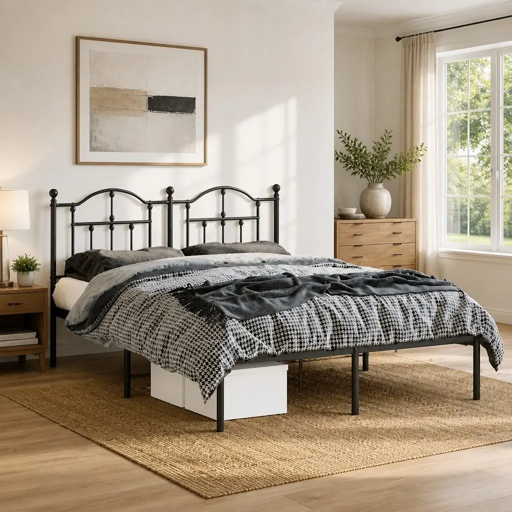 Metal Bed Frame Black 150x200 cm with Headboard