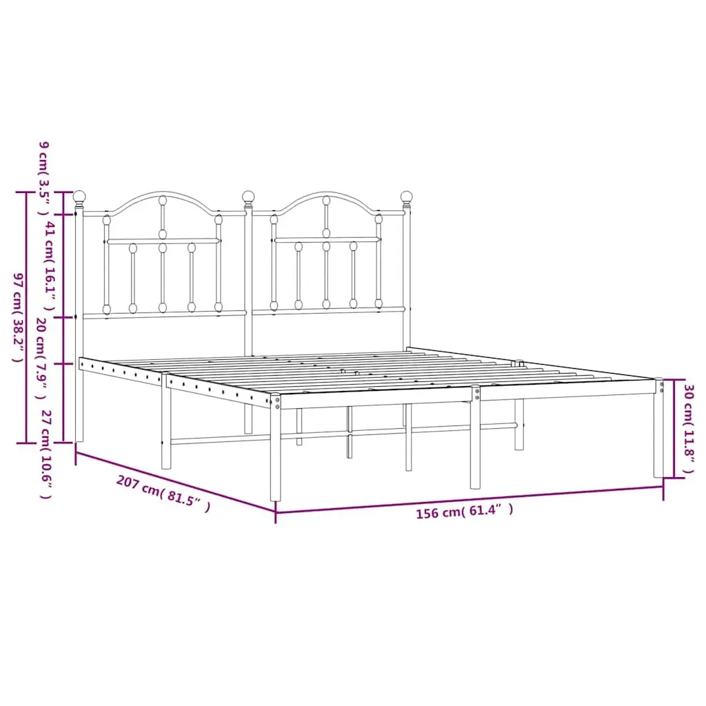Metal Bed Frame Black 150x200 cm with Headboard