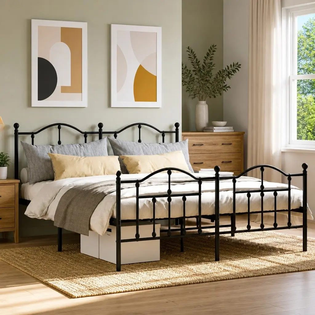 Metal Bed Frame Black King Size 183x203 cm Sturdy Powder-Coated Steel with Headboard Footboard