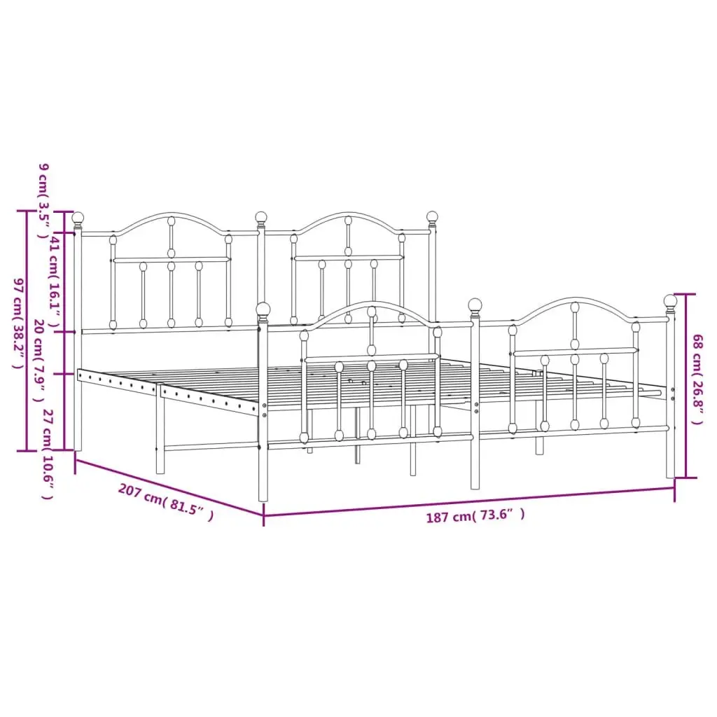 Metal Bed Frame Black King Size 183x203 cm Sturdy Powder-Coated Steel with Headboard Footboard