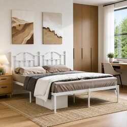 Metal Bed Frame 150x200 cm with Headboard White Bedroom Furniture Steel Slats
