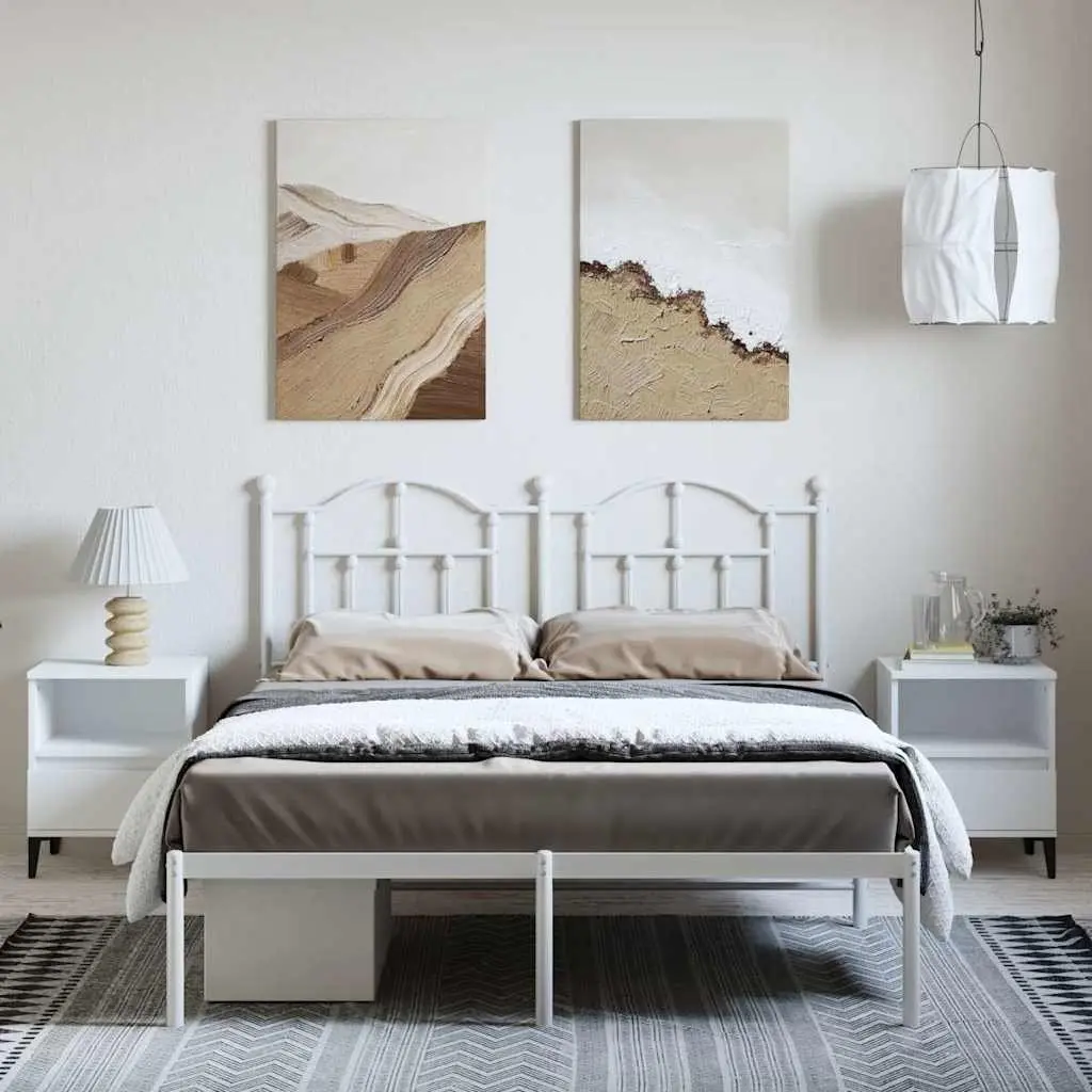 Metal Bed Frame White 150x200 cm with Headboard Steel Slats