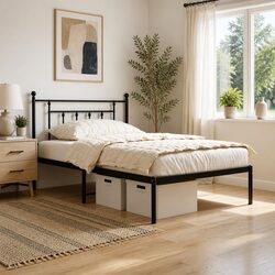 Metal Bed Frame King Single 107x203cm Black Headboard Steel Slats Support